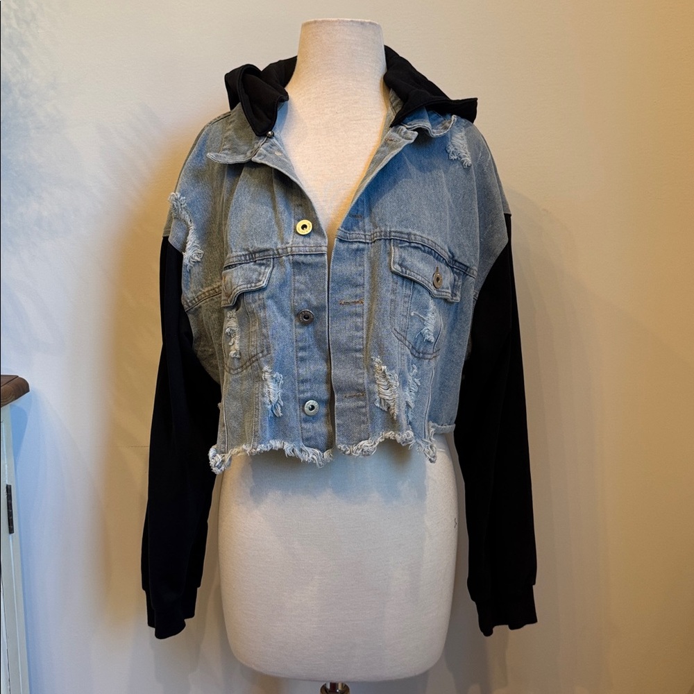 Vici Cropped Denim Jacket with Black Hoodie and Sleeves